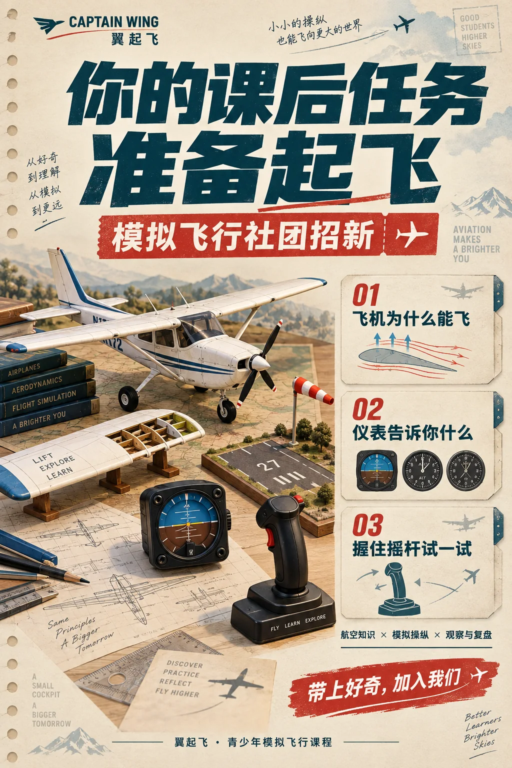模拟飞行社团招新复古风海报